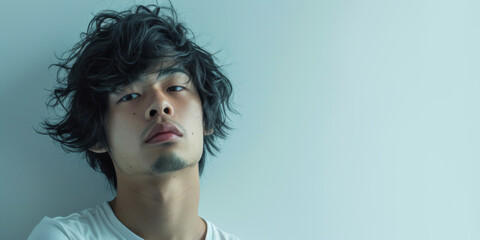 Fototapeta premium a young asian man with dark hair posing, generative AI