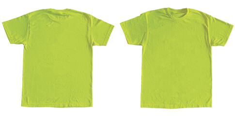 Blank T Shirt Color Safety Green Template Mockup Front and Back View on Transparent Background