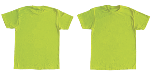 Blank T Shirt Color Safety Green Template Mockup Front and Back View on Transparent Background