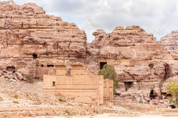 Remains of palace of the pharaohs daughter the Qasr al-Bint carved by the Nabatean craftsmen in the Nabatean Kingdom of Petra in the Wadi Musa city in Jordan