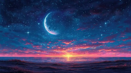 Fototapeta na wymiar New Moon On Evening Blue Sky, Background Banner HD