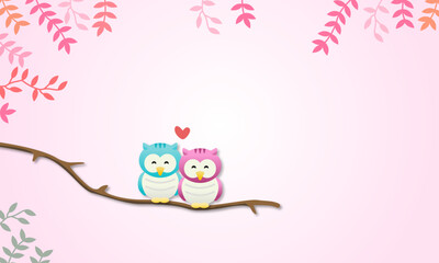 Beautiful of two owls sitting close together on a brown branch, Symbolizing love abstract background, Paper art style vector illustration.