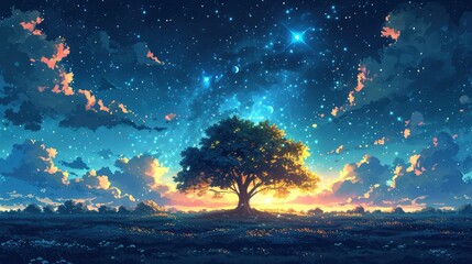 Obraz na płótnie Canvas Night Tree Under Stars, Background Banner HD