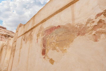 Remains of colored paintings on the walls in the Roman part of the Nabataean Kingdom of Petra in...