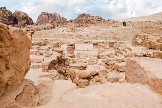 Remains of the main hall in the Roman part of the Nabataean Kingdom of Petra in the Wadi Musa city in Jordan