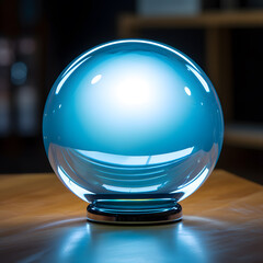 Spherical glass ball isolated on dark background, featuring a shiny blue spherical 3D design, an icon of crystal clarity for web and design.