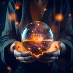 Fortune teller. Hands of witch fortune teller hands holding a crystal ball with light effect inside, character telling of destiny and fate from magicians orb against a dark background.