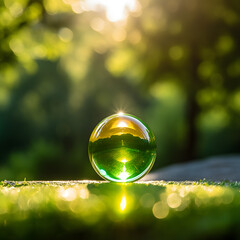 Nature's Crystal Orb: Natural green glass sphere, reflecting the beauty of the world, encapsulating elements of sky, water, sunlight, surrounded by a colorful summer landscape. Symbol of a good ecosys