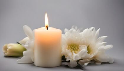 Fototapeta na wymiar Burning candle and white flower on black background