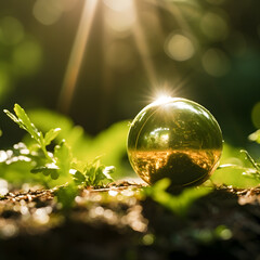 Nature's Crystal Orb: Natural green glass sphere, reflecting the beauty of the world, encapsulating elements of sky, water, sunlight, surrounded by a colorful summer landscape. Symbol of a good ecosys