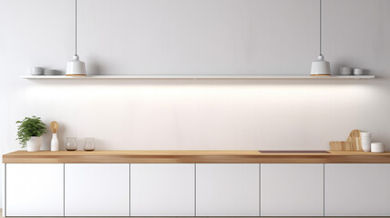 Fototapeta na wymiar Contemporary Culinary Canvas - Light Wooden Empty Tabletop in a Modern White Kitchen, Blending Seamlessly with Interior Paneling