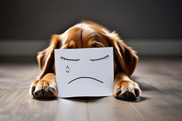 Dog with sign empty paper blank. Sad emotion. Lonely, sick or waiting for an owner.