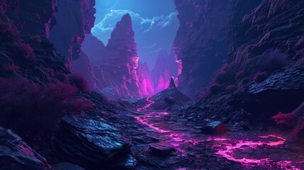 The neon path winds through the dark and treacherous terrain guiding travelers to a peaceful mountain oasis.