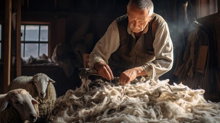 A man shears a sheep or a ram. Seasonal sheep shearing. Electric clipper. Farm. - obrazy, fototapety, plakaty