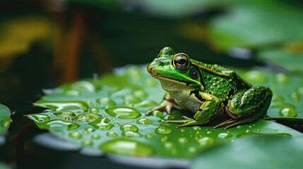 Fototapeta premium Closeup of a small vibrant green frog perched on a lily pad its shiny eyes gazing towards the sounds of cars and buses ping in the distance.