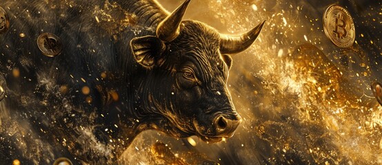 The Bull Market in Cryptocurrency symbolized by a majestic golden bull statue surrounded by scattered Bitcoin. - obrazy, fototapety, plakaty