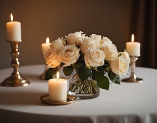 Obraz na płótnie Canvas Elegant White Roses and Candlelight for a Relaxing Night a candle and some flowers on a table 