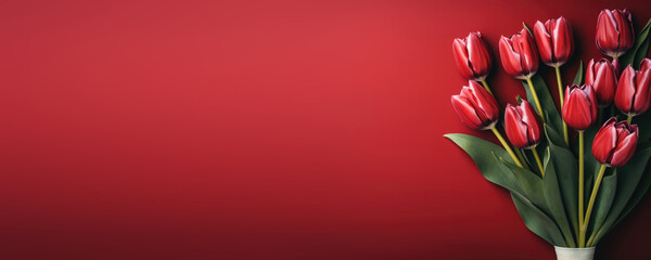Bouquet of red tulips on dark red pine background. Horizontal banner with copyspace. Concept of...