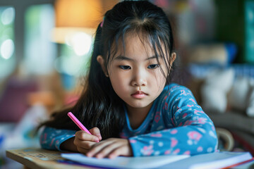 Dedicated Asian little Girl Concentrating on Studies