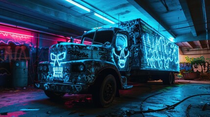 A graffiti painted truck with a neon skull and crossbones symbol on the hood illuminated with electric blue lights.