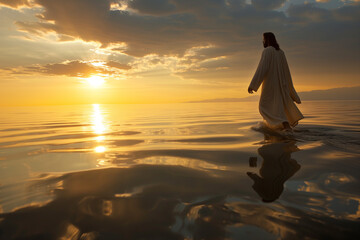 Fototapeta na wymiar Woman Standing in Water at Sunset, Serene Beach Scene on a Beautiful Evening