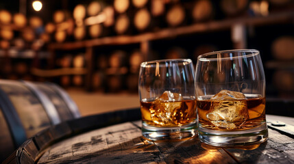 Two Glasses of Whiskey on Barrel - Classic and Timeless Image - obrazy, fototapety, plakaty