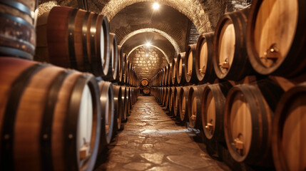 Rows of Wine Barrels in a Wine Cellar
