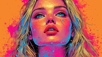 Naklejka premium Portrait Beautiful Blonde Female Looks Excitement, Background Banner HD