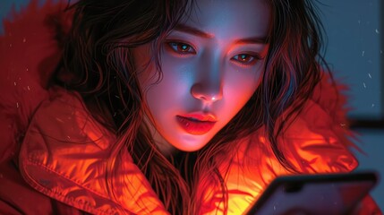 Portrait Beautiful Asian Woman Using Mobile, Background Banner HD