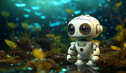 cute robot with eyes on a path surrounded by nature
