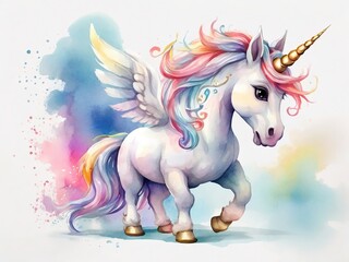 Noble fairy-tale white unicorn with a golden horn, beautiful colored mane and colorful wings, watercolor painting, close-up, on a light background