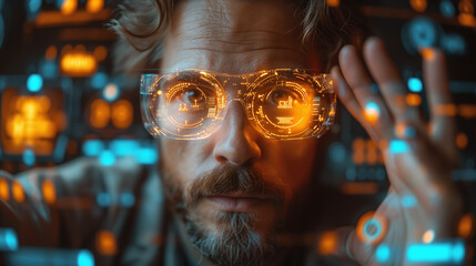 Portrait of a man working with smart glasses