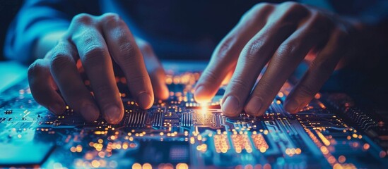 Holding a circuit board on a white background.