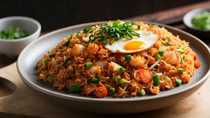 visual appeal of Kimchi fried rice the beauty of this classic Korean dish from a side angle, emphasizing the artful presentation on a wooden table