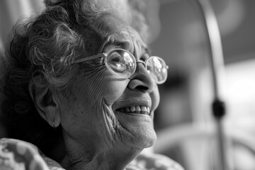 A black and white portrait of a happy and smiling old, senior woman with alzheimers dementia in a nursing home with white hair. 