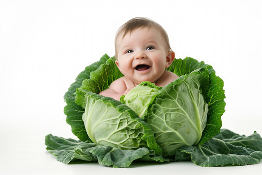 A happy and smiling baby sitting in a cabbage against a white isolated background. 