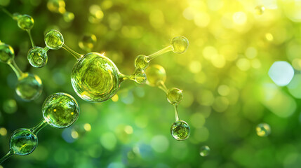 Green glowing molecules on a sunny backdrop. - obrazy, fototapety, plakaty