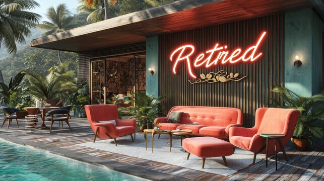 Tropical Retirement Concept with Poolside Neon Sign