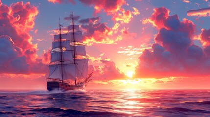 Fototapeta premium Ship Sailing On Sea, Background Banner HD