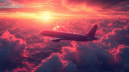 Silhouette Plane Flies Distance Between Clouds, Background Banner HD