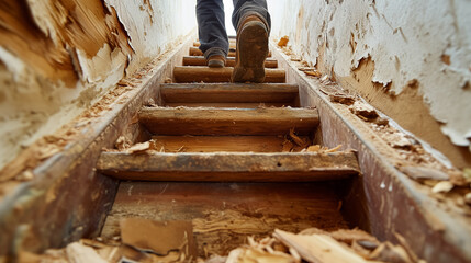 Worn boots ascending dilapidated stairs.