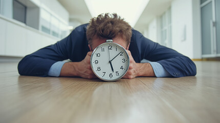 Man lying down, face obscured by a clock.