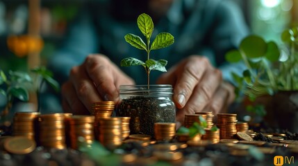 Investment growth concept with coins and sprouting plant. financial prosperity symbolized in a photo. sustainable economy visual. AI