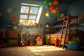 A children's room littered with toys before cleaning. A mess with toys scattered on the floor, the interior of a children's room
