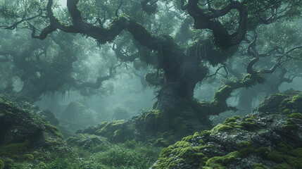A fog-shrouded ancient forest, where gnarled trees and moss-covered rocks create an atmosphere of mystery and magic.  - obrazy, fototapety, plakaty