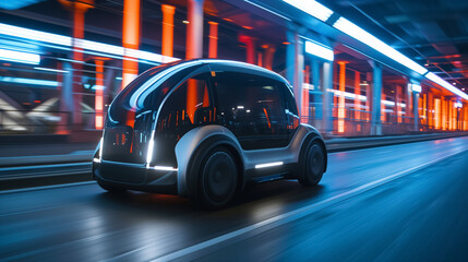 Futuristic car speeding through neon tunnel.