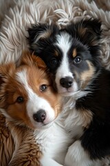 Fototapeta premium Two adorable australian shepherd puppies snuggling. cute fluffy dogs embrace in cozy setting. AI