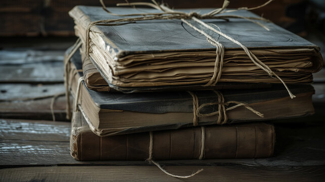 Stacked old books tied with string.