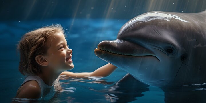 Joyful interaction with nature: a child's encounter with a dolphin under a starry sky. imagined moment captured in a digital artwork. AI