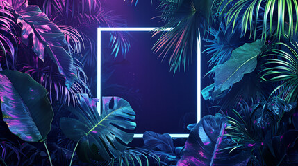 Neon Lights and Tropical Leaves in a Blue and Green Frame.